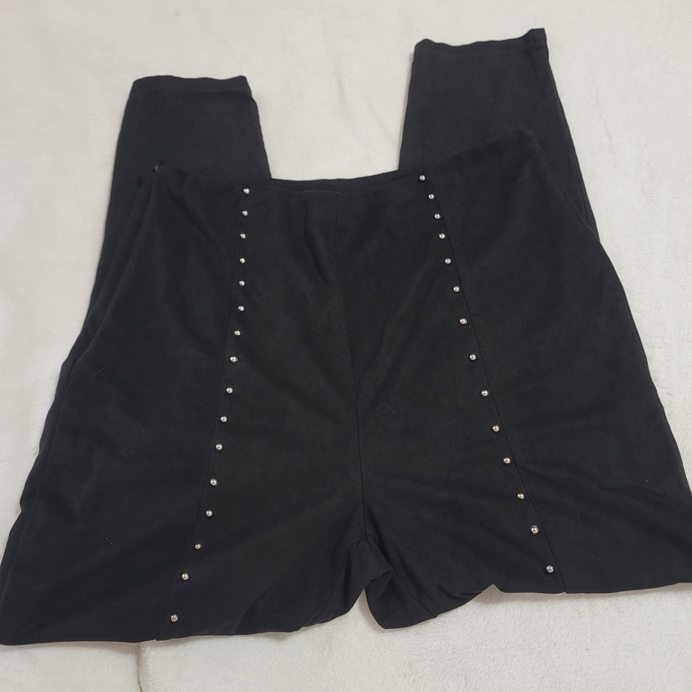 Womens Pants Sz Large Black With Silver Studs Soft Suede Like Office Going Out - Picture 3 of 5